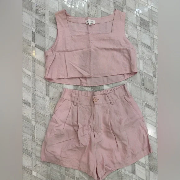 Pink Linen Crop Top and Shorts Set - Picture 1 of 4